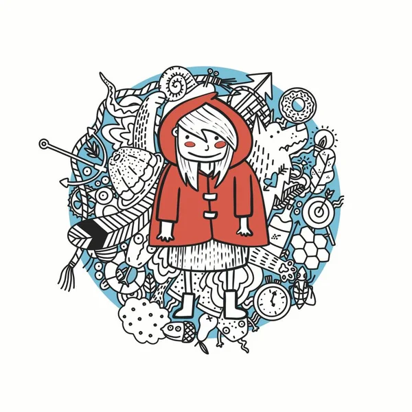 Das Kleine Mädchen Roten Mantel Rotkäppchen Und Viele Kleinigkeiten Hintergrund — Stockfoto