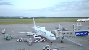 Narita, Japonya, 1 Ekim 2025, Narita Uluslararası Havaalanı 'ndan kalkmaya hazırlanan ticari uçaklar vuruldu.