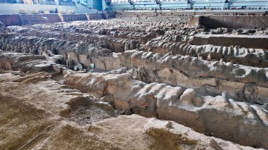 Xian, Çin, 1 Ocak 2026, Terracotta Ordu kazı alanı Xi 'an' daki müze salonunda binlerce antik Qin hanedanlığı savaşçı heykeli sergileniyor.
