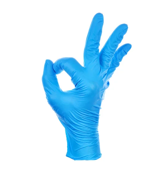 Hand Maken Oke Dragen Van Een Blauwe Nitril Medische Handschoen — Stockfoto