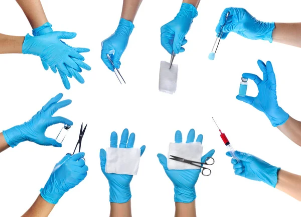 Mains Médecin Portant Des Gants Latex Bleu Avec Équipement Médical — Photo