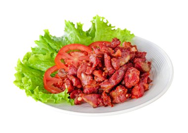 Beyaz arka planda kızarmış domuz eti. Tayland yemeği.