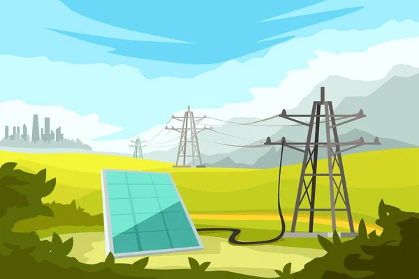 Ηλεκτρικό σύστημα με ηλιακό πάνελ στη φύση — Διανυσματικό Αρχείο