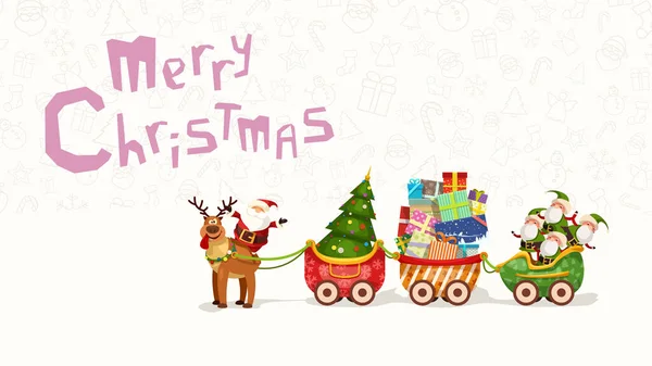 Santa claus on reindeer with long sleigh — Stock Vector