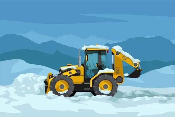 Trator de cor amarela limpar vista lateral da neve — Vetor de Stock