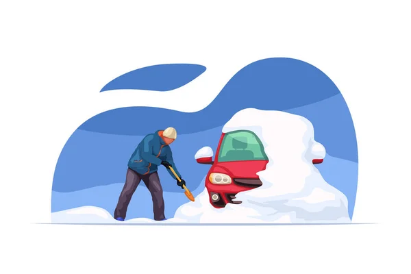 Man cleaning snow from car using shovel — Stock Vector
