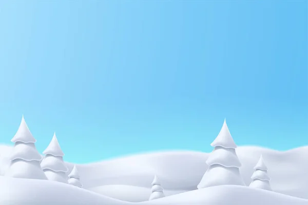 Realistiska snöiga kullar med träd ljusa dag — Stock vektor
