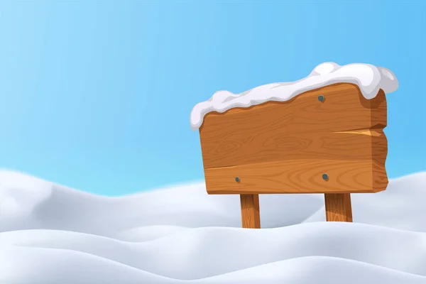 Placa em branco de madeira com colinas de neve realistas —  Vetores de Stock