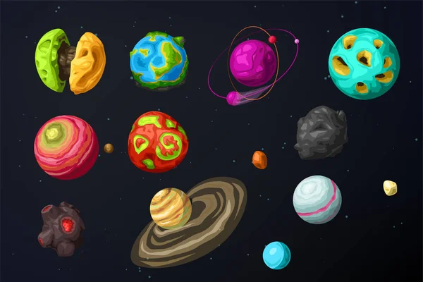 Varios planetas alienígenas coloridos establecidos en el espacio — Archivo Imágenes Vectoriales