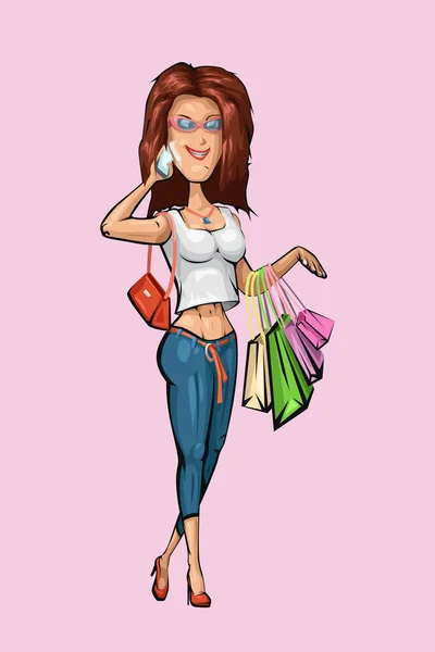 Bonita jovem mulher compras isolado em rosa — Vetor de Stock