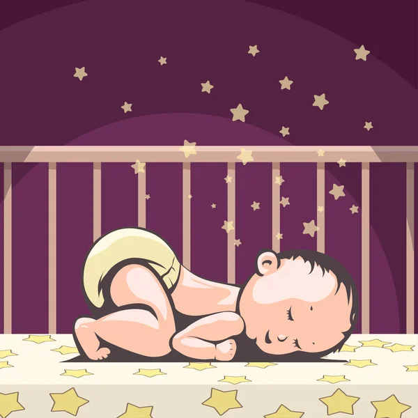 Маленький ребенок спит в постели ночью — стоковый вектор