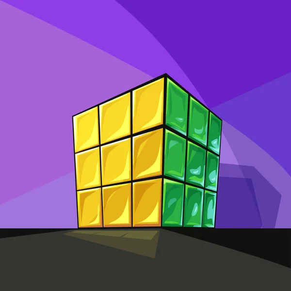 Lösta rubiks kub tecknad stil på violett — Stock vektor