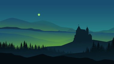 illustration of big castle on hill at spooky halloween night with green lights at night