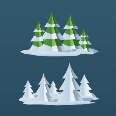 Illustration of a winter forest with snowy fir trees in different styles. in two isolated groups