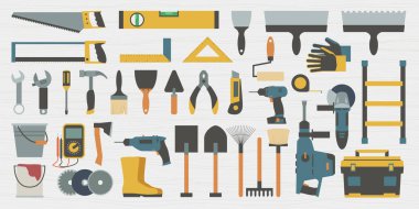 Basit bir düz dizayn ile ahşap bir arka planda düzenlenmiş çeşitli inşaat ve onarım araçlarının çizimi