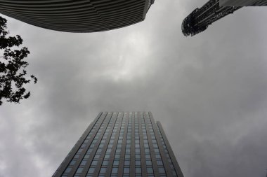 Gri kasvetli gökyüzüne karşı modern gökdelen. Yukarı bakıyorum.