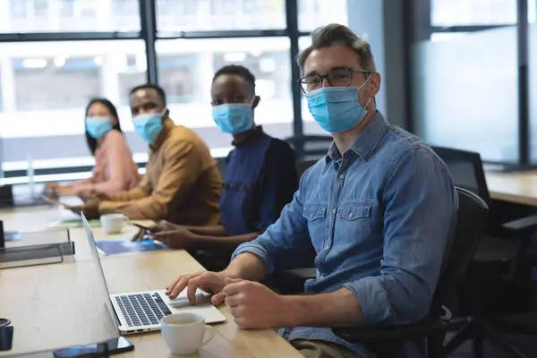 Portrait Diverse Colleagues Wearing Face Masks Working Office Hygiene Social — Stock Photo, Image