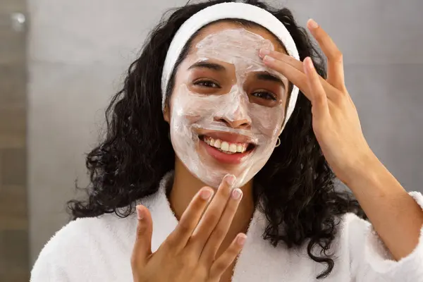 Portrait Mixed Race Woman Applying Face Cream Bathroom Self Isolation — Stock Photo, Image