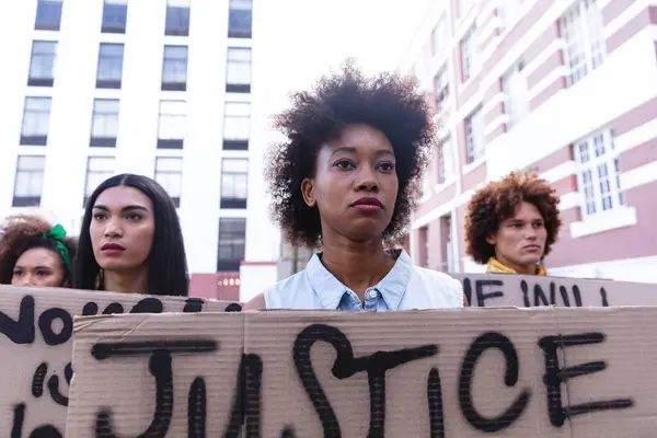 Three Diverse Male Female Protesters March Holding Homemade Protest Signs — Stock Photo, Image