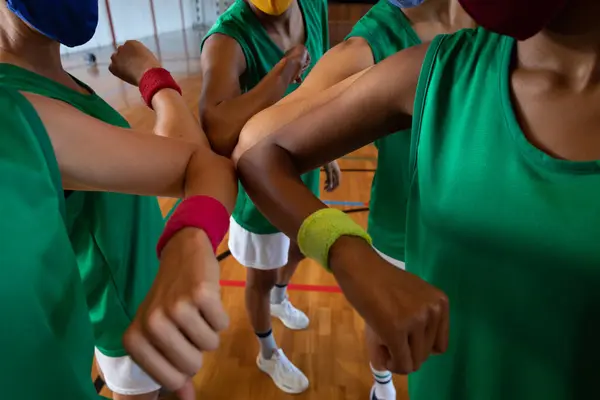 Diverse Female Basketball Team Wearing Face Masks Greeting Elbows Basketball — Stock Photo, Image