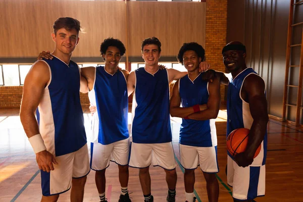 Portrait Diverse Male Basketball Team Smiling Embracing Basketball Sports Training — Stock Photo, Image