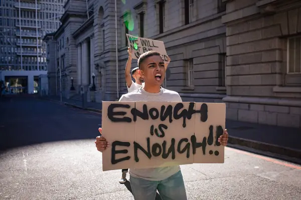 Two Mixed Race Male Friends Carrying Protest Signs Slogans Shouting — Stock Photo, Image