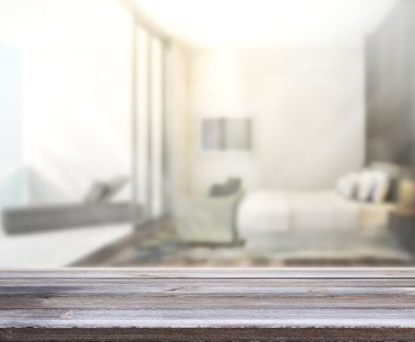 Masa üstü ve bulanıklık arka planda yatak odası