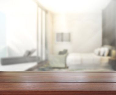 Masa üstü ve bulanıklık arka planda yatak odası