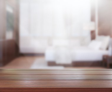 Masa üstü ve bulanıklık arka planda yatak odası