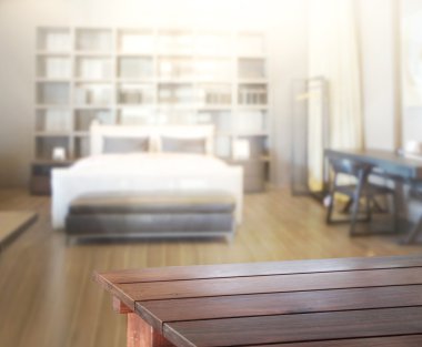 Masa üstü ve bulanıklık arka planda yatak odası