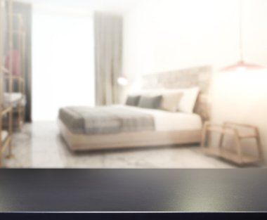 Masa üstü ve bulanıklık arka planda yatak odası