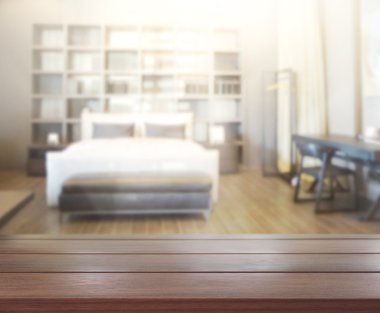 Masa üstü ve bulanıklık arka planda yatak odası