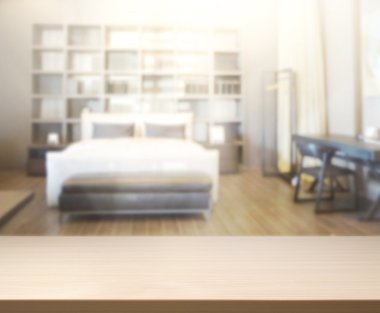 Masa üstü ve bulanıklık arka planda yatak odası