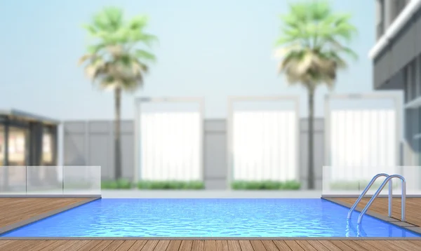 Plavecký bazén a terasa rozostření pozadí vnější — Stock fotografie