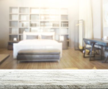 Masa üstü ve bulanıklık arka planda yatak odası