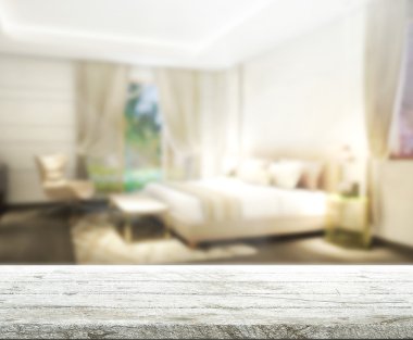 Masa üstü ve bulanıklık arka planda yatak odası