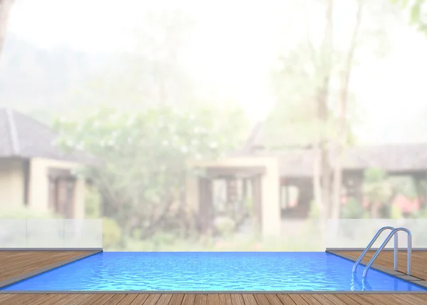 Zwembad en terras van exterieur achtergrond wazig — Stockfoto
