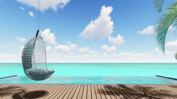 Relaxační bílá ratan závěsné křeslo v bazénu na výhled na moře — Stock video