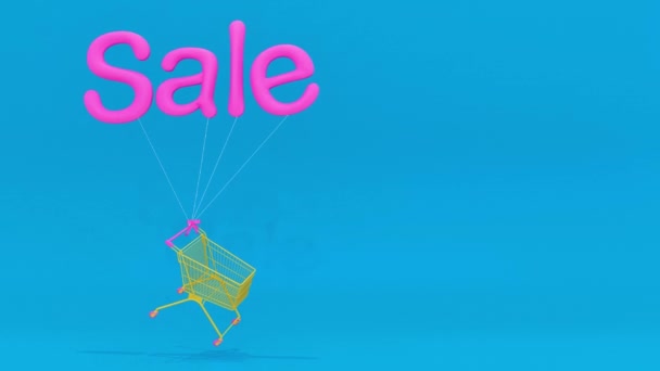 Venta. Letras de globos con carrito de compras volando sobre fondo. ilustración 3d — Vídeo de stock