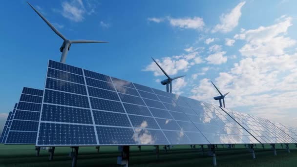 Solarpaneel und Windkraftpark für saubere Energie — Stockvideo