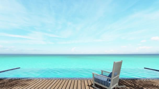 Sedia a dondolo vicino a una piscina, sfondo cielo blu mare — Video Stock