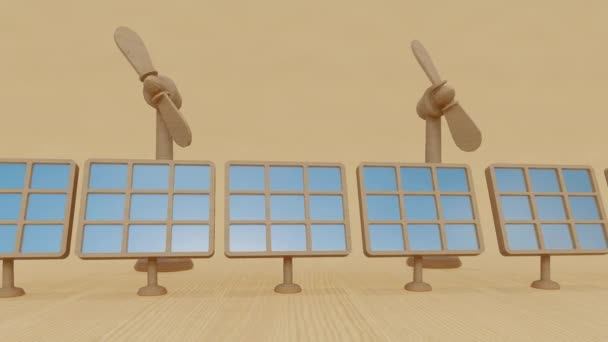 Solární panelová a větrná turbína farma čistá energie, Koncert, 3d rendering — Stock video
