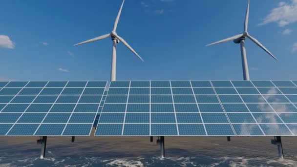 3D Rendering Solarpaneele und Windkraftpark saubere Energie — Stockvideo