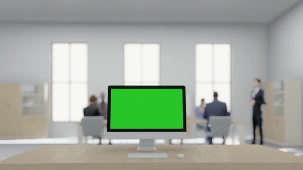 Conceptos de negocio, oficina de trabajo. Ordenador con pantalla verde en la mesa en la oficina — Vídeos de Stock