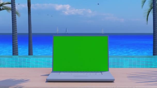 3d rendering, laptop or computer notebook on sea  - business travel background — Stock Video