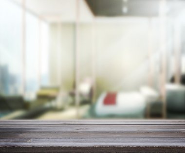 Ahşap masa üst arka plan içinde yatak odası 3d render