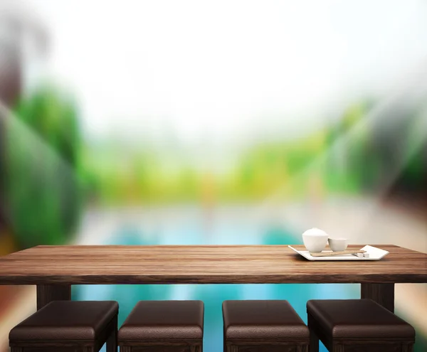 Tabla de madera fondo superior y piscina 3d render — Foto de Stock