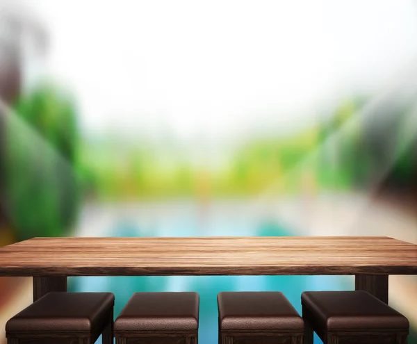 Дерев'яний стіл верхній фон і басейн 3d візуалізація — стокове фото
