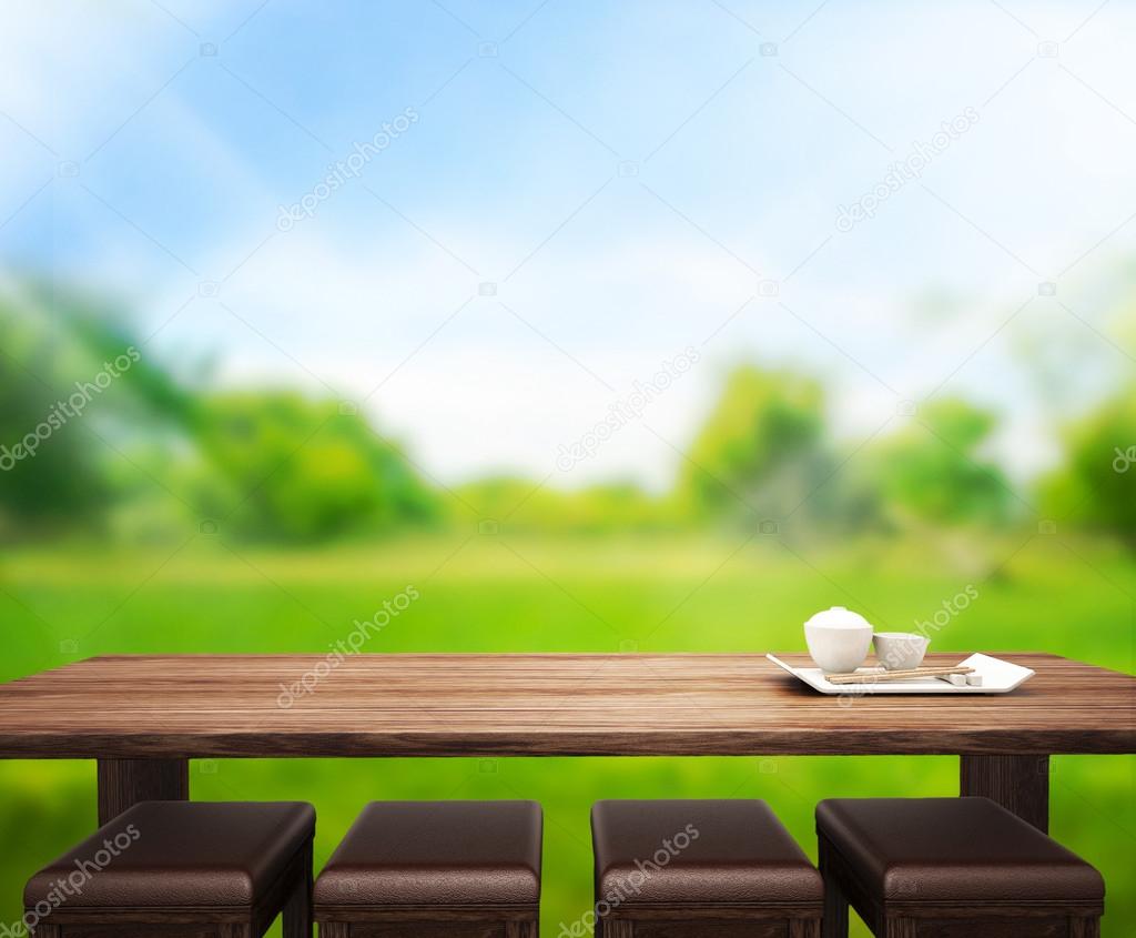 Wood Table  Top Background and Green 3d render