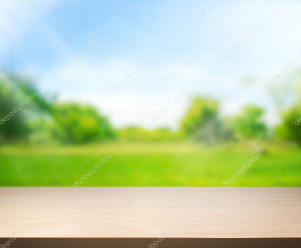 Wood Table  Top Background and Green 3d render